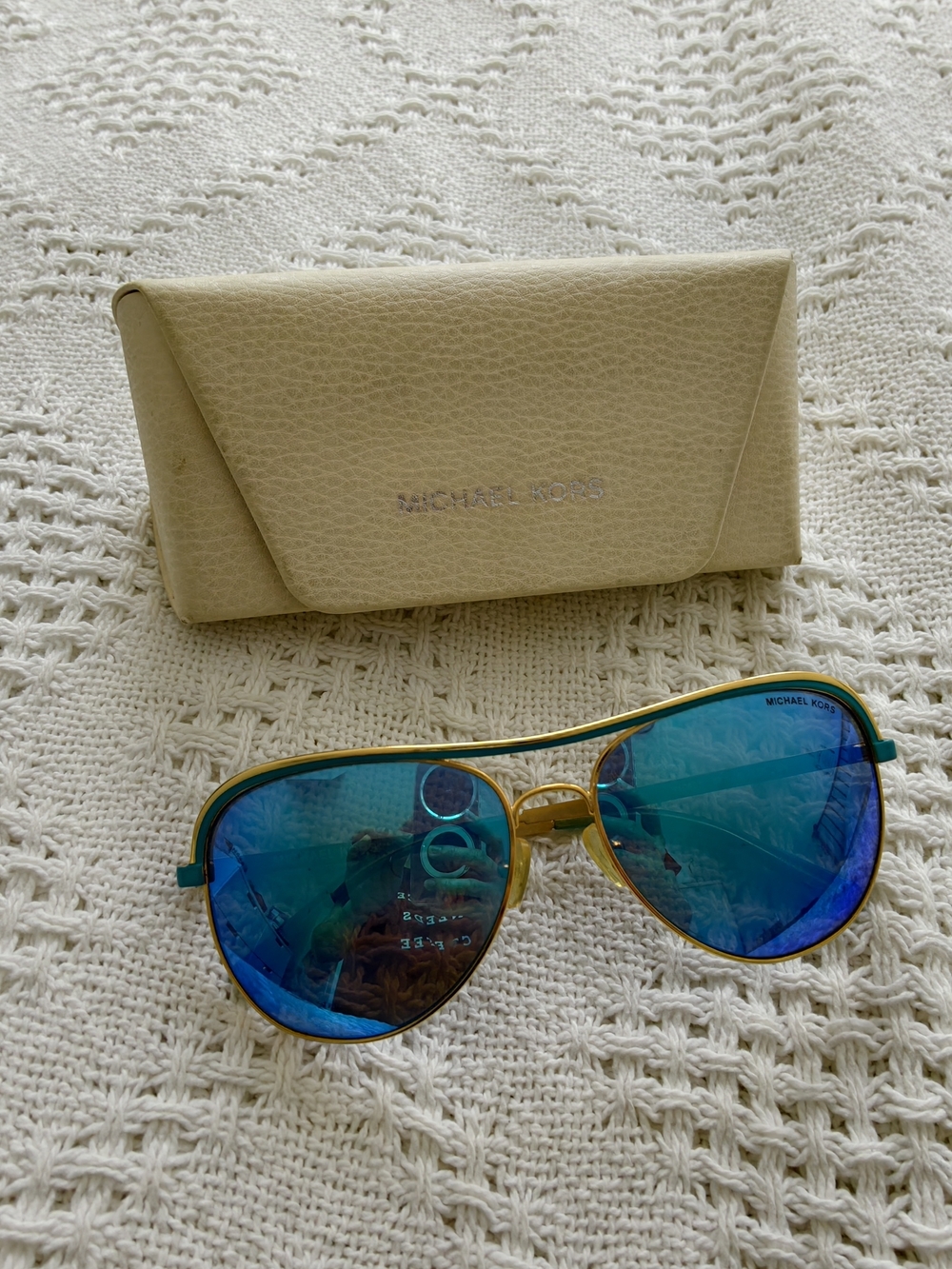 Michael Kors Gold Aviator Sunglasses with Blue Mirrored Lenses - Picture 2 of 4